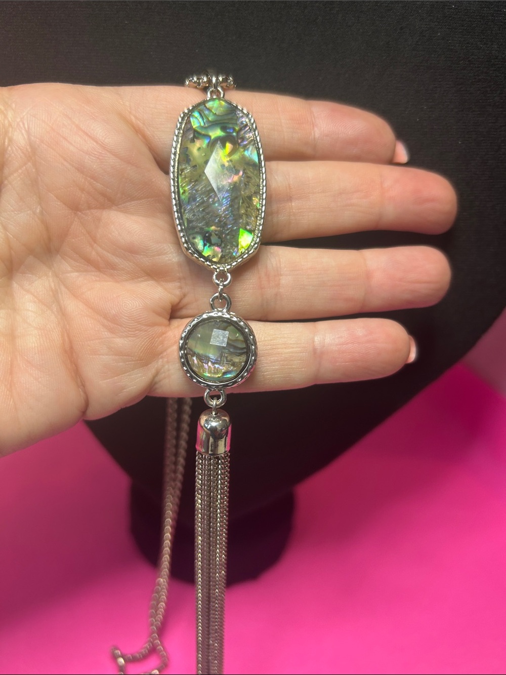 Silver-Tone Abalone Shell Pendant Necklace with Tassel - Iridescent Green